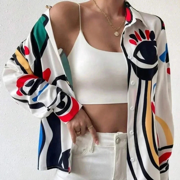 Cartoon Print Button Up Roll Sleeve Shirt - Picture 5 of 6